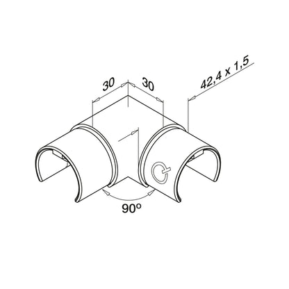 Q-railing porankio ant stiklo alkūnė 90°, horizontali MOD 6313 porankiui ant stiklo Ø42.4 mm, ner. plien. AISI304, šlifuotas pav.