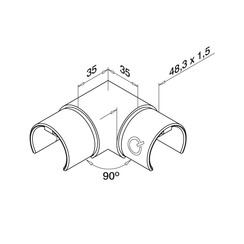 Q-railing porankio ant stiklo alkūnė 90°, horizontali MOD 6313 porankiui ant stiklo Ø48.3 mm, ner. plien. AISI304, šlifuotas pav.