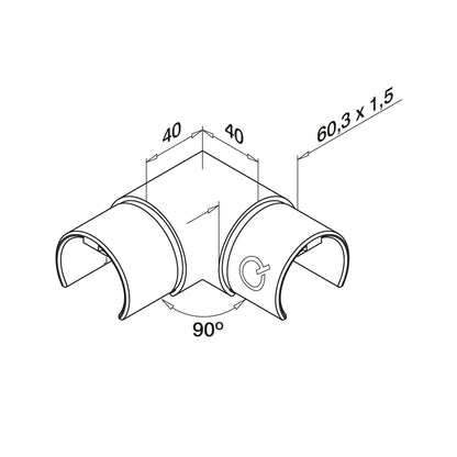 Q-railing porankio ant stiklo alkūnė 90°, horizontali MOD 6313 porankiui ant stiklo Ø60.3 mm, ner. plien. AISI304, šlifuotas pav.