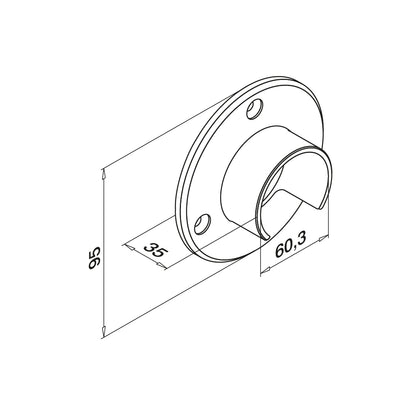 Q-railing Porankio ant stiklo laikiklis prie sienos (flange) MOD 6505 porankiui ant stiklo Ø60.3 mm, ner. plien. AISI304, šlifuotas pav.