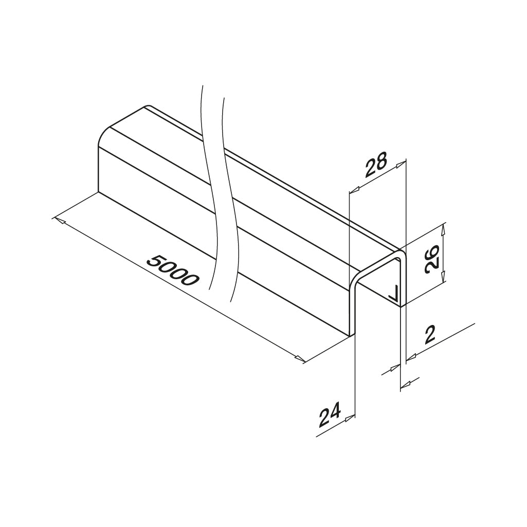Q-railing Porankis ant stiklo / U profilis MOD 6961 ilgis: 5000 mm, U=24 x 24 mm, ner. plien. AISI304, šlifuotas pav.