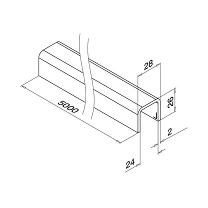 Q-railing Porankis ant stiklo / U profilis MOD 6961 ilgis: 5000 mm, U=24 x 24 mm, ner. plien. AISI304, šlifuotas pav.