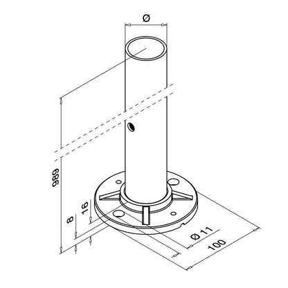 Q-railing paruoštas turėklo stovas Ø42,4×2 mm H=989 mm (stiklo laikikliai iš vienos pusės) MOD 9921 ner. plienas AISI 304, šlifuotas paviršius