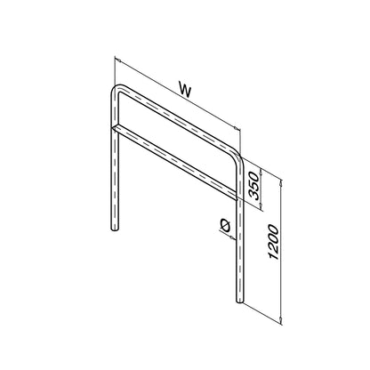 Q-railing apsauginis lankas su viduriniu skersiniu MOD 0091 Ø48,3 mm, sienelė: 2 mm, plotis: 1200 mm, ner. plienas AISI 316, šlifuotas pav.