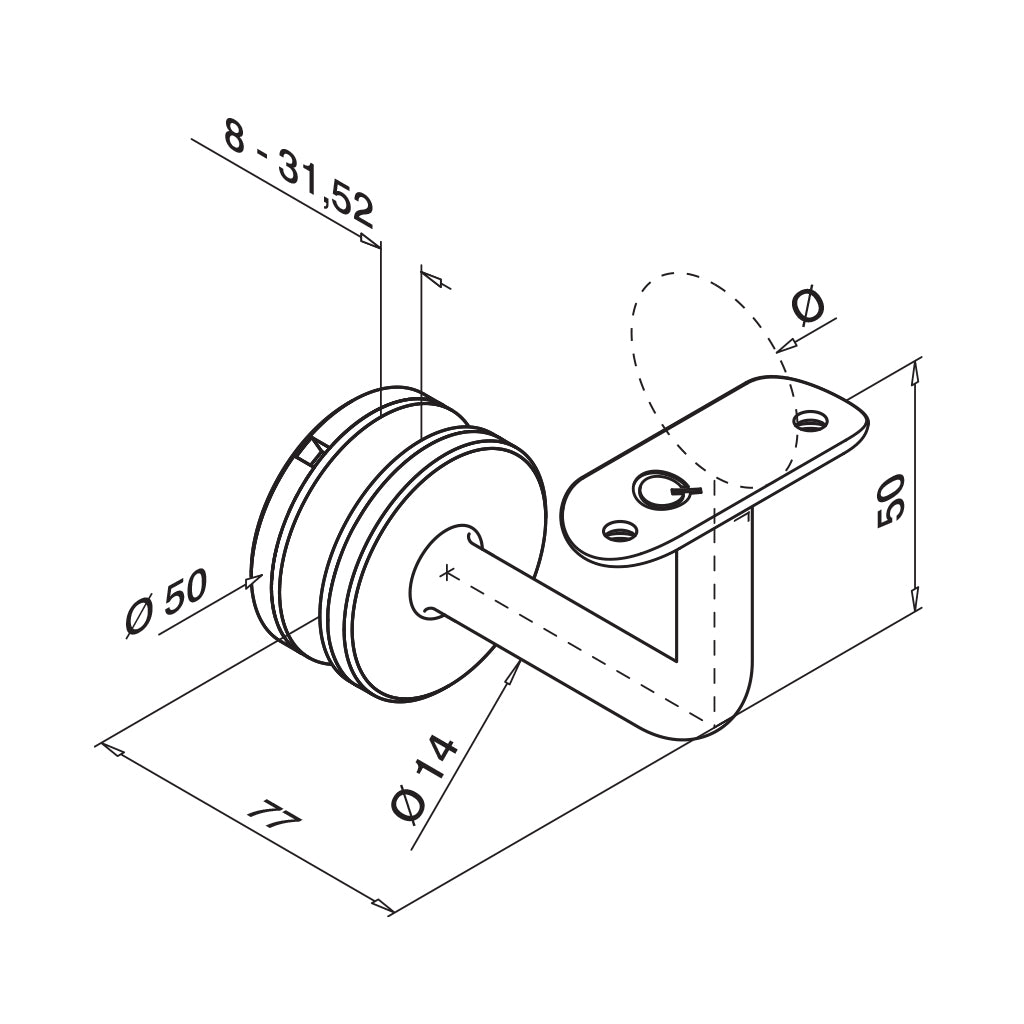 Q-railing Porankio laikiklis tvirtinamas į stiklą MOD 0117 vamzdis: Ø42,4 mm, ner. plien. AISI316, šlifuotas pav.