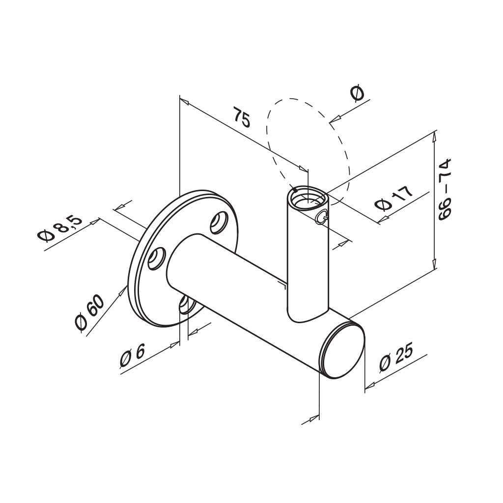Q-railing reguliuojamas sieninis porankio laikiklis MOD 0142 vamzdžiui: Ø42,4 / Ø48,3 mm, ner. plienas AISI 316, šlifuotas pav.