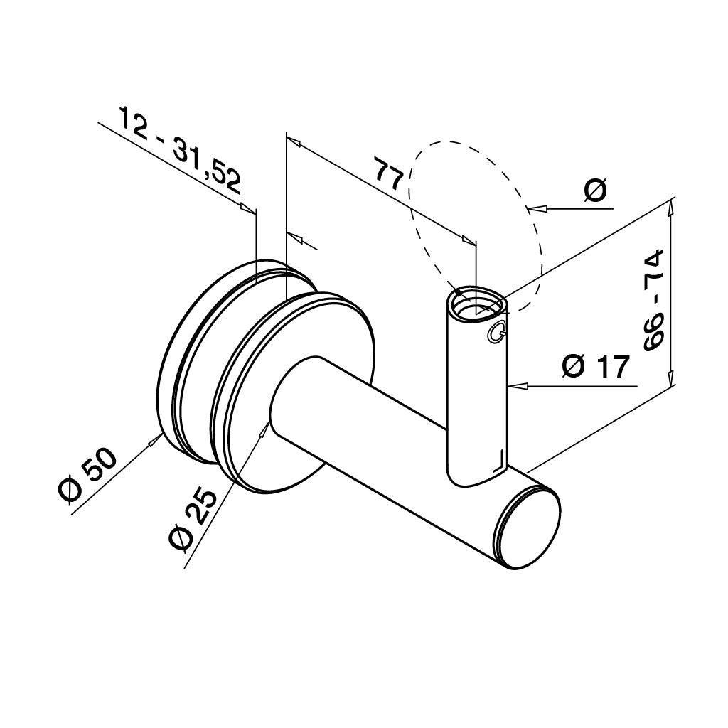 Q-railing porankio laikiklis stiklui MOD 0148 vamzdžiui: Ø42,4 ir Ø48,3 mm, ner. plienas AISI 316, šlifuotas pav.