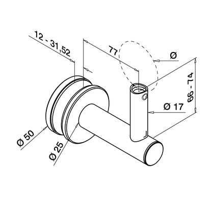 Q-railing porankio laikiklis stiklui MOD 0148 vamzdžiui: Ø42,4 ir Ø48,3 mm, ner. plienas AISI 316, šlifuotas pav.