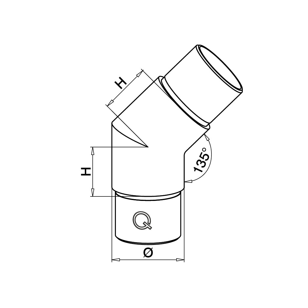 Q-railing kampas 45° MOD 0300 vamzdžiui: Ø42,4×2 mm, ner. plienas AISI 316, šlifuotas pav.