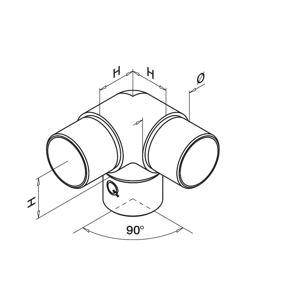 Q-railing alkūnė (trišakis) 90° MOD 0304 vamzdžiui: Ø48,3×2,6 mm, ner. plienas AISI 316, šlifuotas pav.
