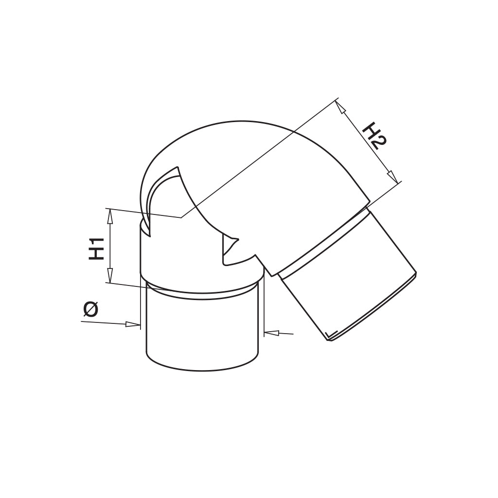 Q-railing reguliuojama alkūnė 40–70° MOD 0319 vamzdžiui: Ø42,4×2 mm, ner. plienas AISI 316, šlifuotas pav.