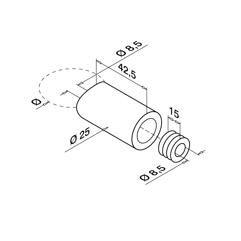 Q-railing adapteris su paslėptu tvirtinimu MOD 0625 vamzdžiui: Ø42,4 mm, ner. plienas AISI 316, šlifuotas pav.
