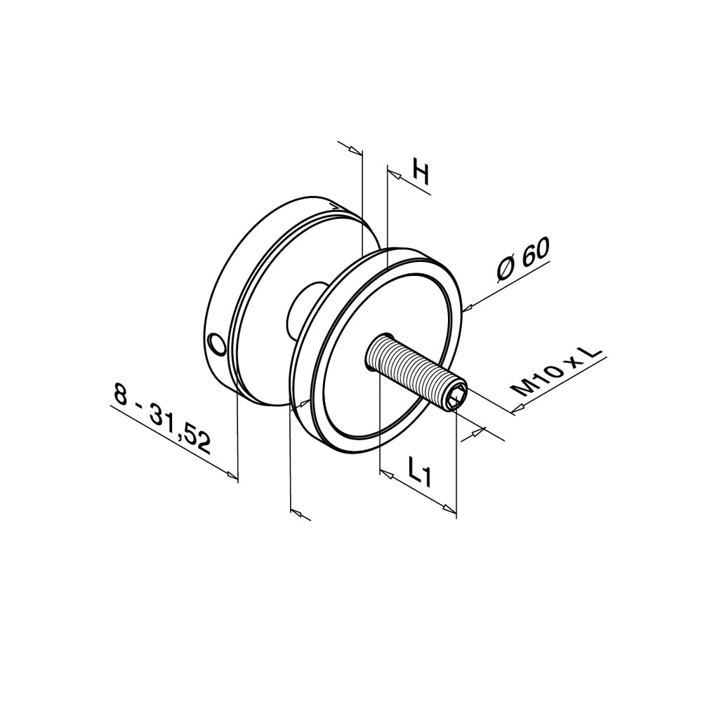 Q-railing EASY GLASS taškinis stiklo laikiklis Ø60 mm, M10 MOD 0745 atitraukimas: 10 mm; ner. plien. AISI316, šlifuotas pav.