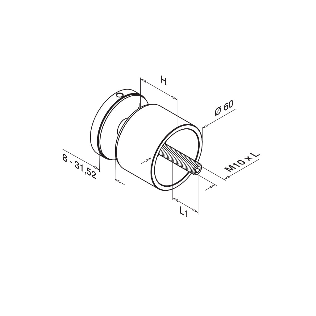 Q-railing EASY GLASS taškinis stiklo laikiklis Ø60 mm, M10 MOD 0745 atitraukimas: 30 mm; ner. plien. AISI316, šlifuotas pav.