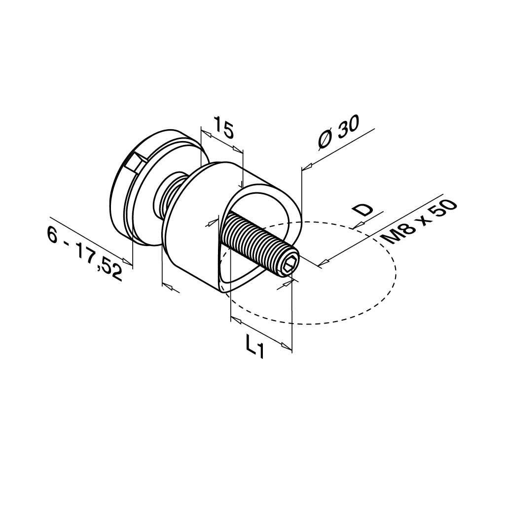 Q-railing taškinis stiklo laikiklis Ø30mm, M8 prie apvalaus vamzdžio MOD 0746 ner. plienas 15 mm atitraukimas, vamzdžiui: Ø60.3 mm, ner. plien. AISI316, šlifuotas pav.