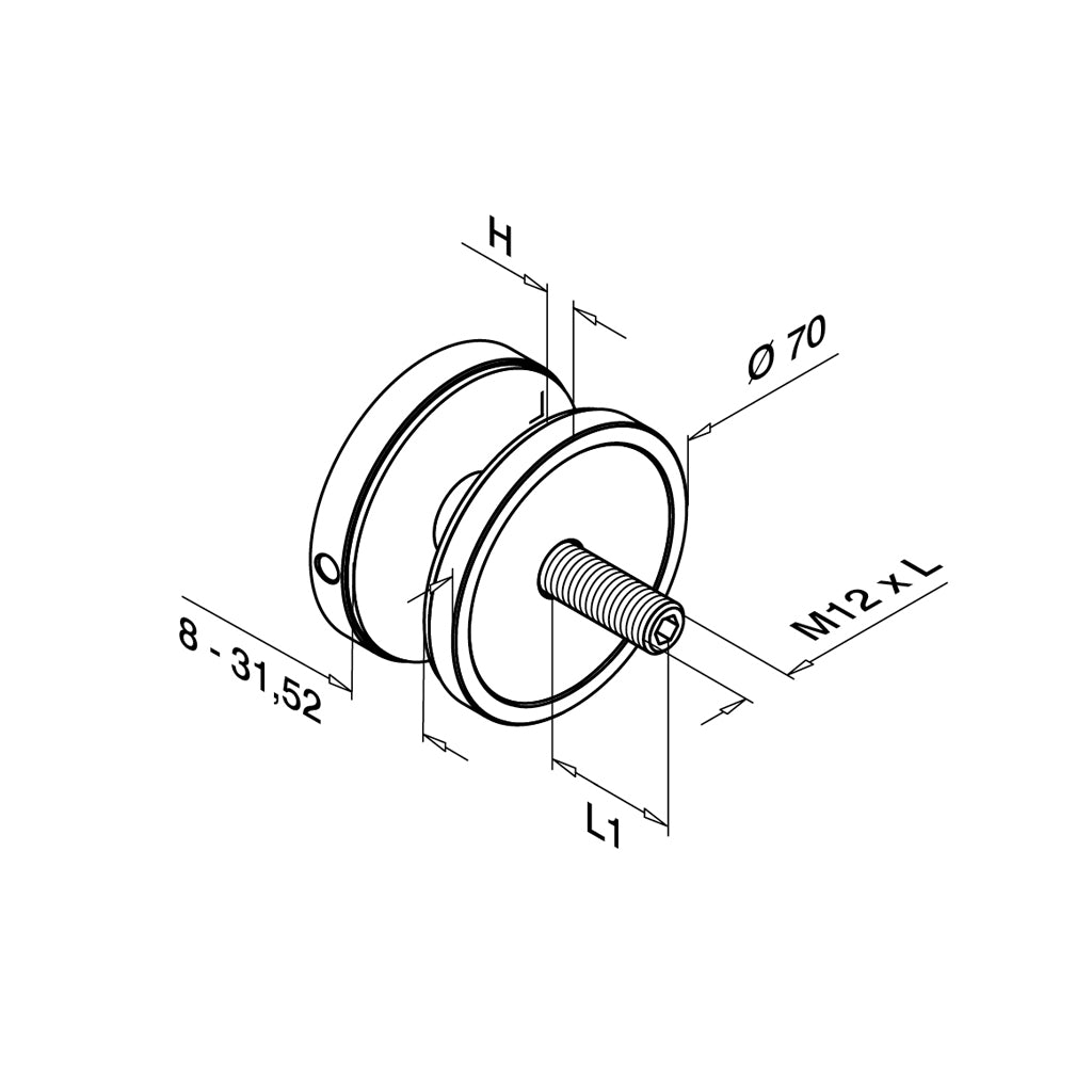 Q-railing EASY GLASS taškinis stiklo laikiklis Ø70 mm MOD 0748 atitraukimas: 10 mm; ner. plien. AISI316, šlifuotas pav.
