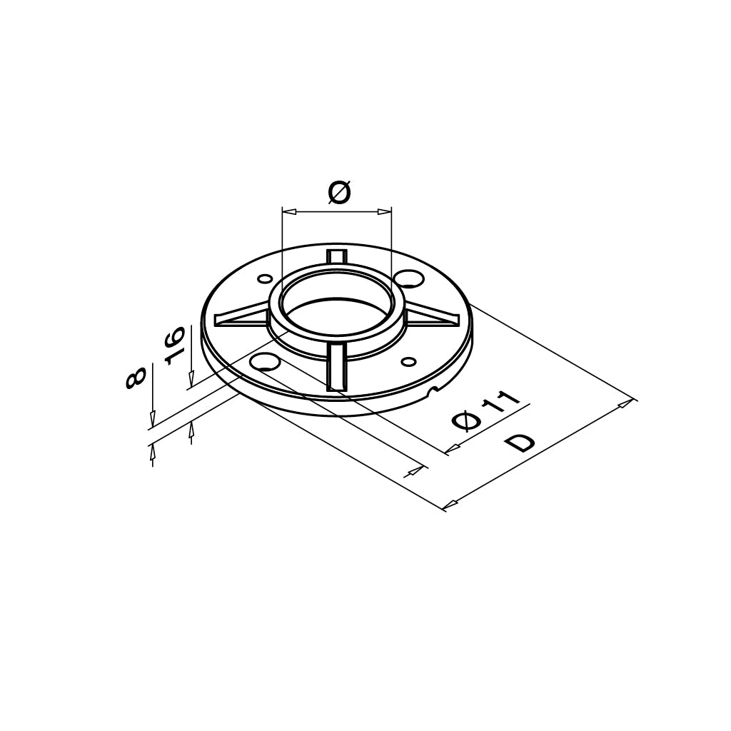 Q-railing turėklo stovo virinamas tvirtinimas Ø100 mm MOD 0940 vamzdis Ø42,4 mm, ner. plienas AISI 316, šlifuotas paviršius