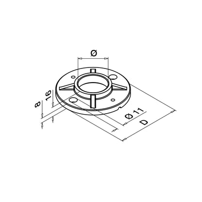Q-railing turėklo stovo virinamas tvirtinimas Ø100 mm MOD 0940 vamzdis Ø42,4 mm, ner. plienas AISI 316, šlifuotas paviršius