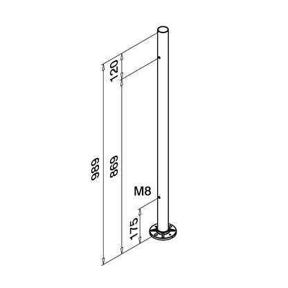 Q-railing turėklo stovas Ø42,4×2 mm H=989 mm su išgręžtomis M8 skylėmis MOD 0962 Ø42,4×2 mm, skylės iš dviejų pusių, ner. plienas AISI 316, šlifuotas paviršius