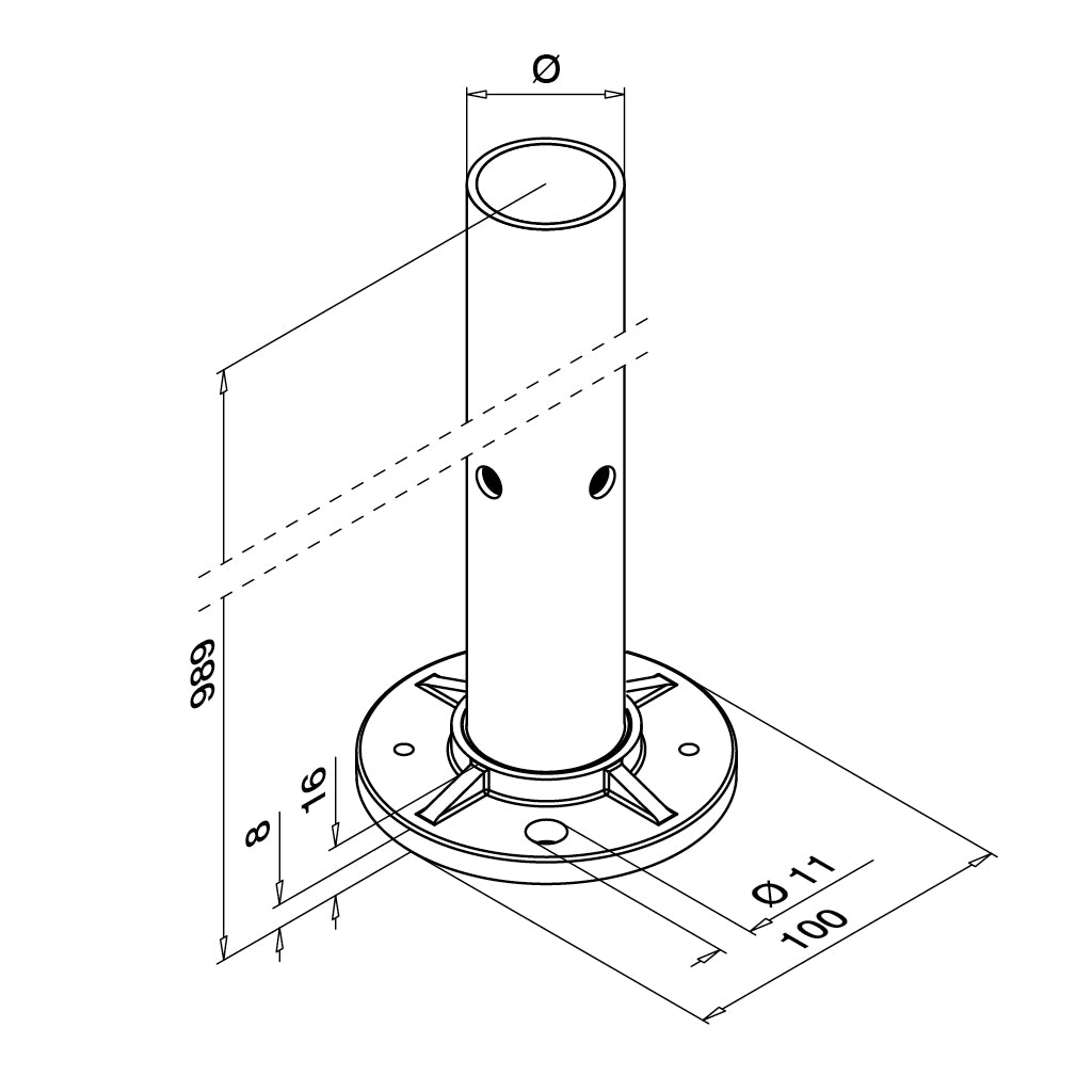 Q-railing turėklo stovas Ø42,4×2 mm H=989 mm su išgręžtomis M8 skylėmis MOD 0962 Ø42,4×2 mm, skylės iš dviejų pusių (90°), ner. plienas AISI 316, šlifuotas paviršius