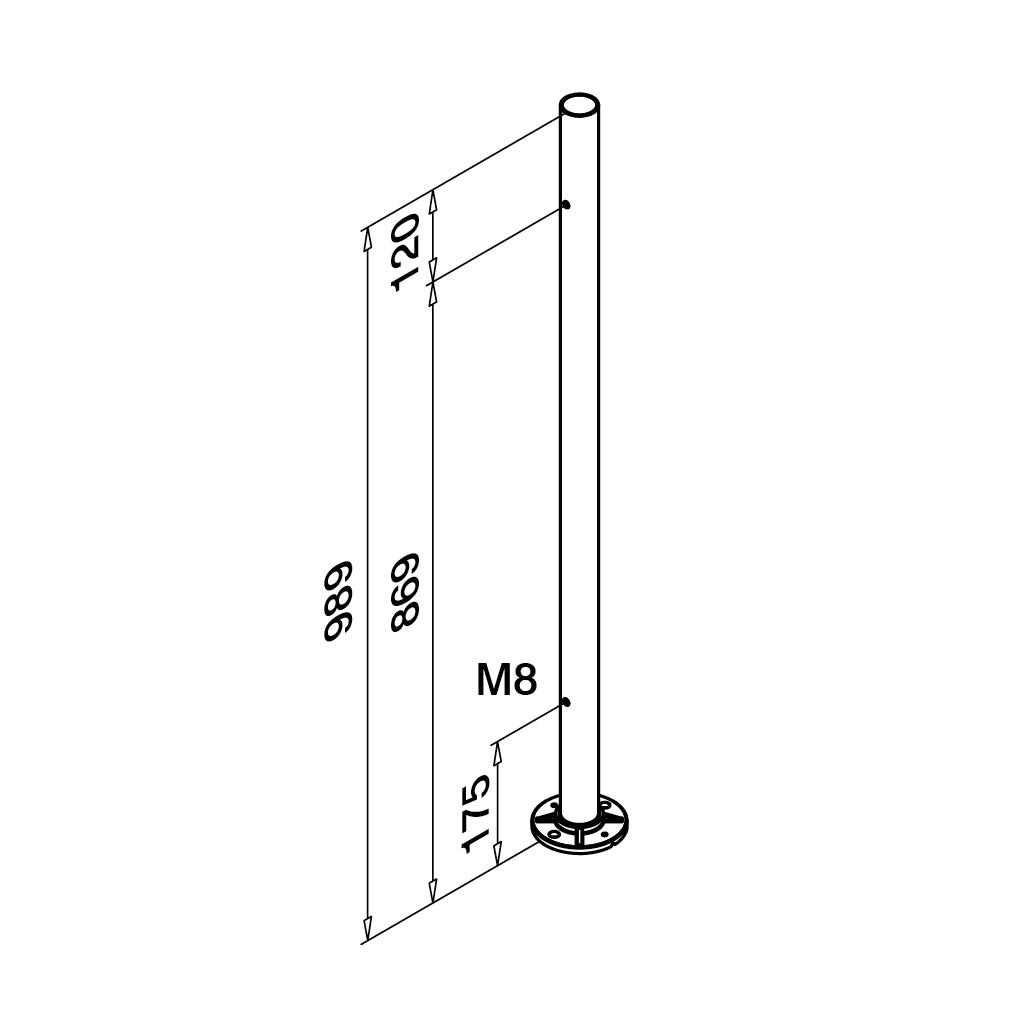 Q-railing turėklo stovas Ø42,4×2 mm H=989 mm su išgręžtomis M8 skylėmis MOD 0962 Ø48,3×2 mm, skylės iš dviejų pusių, ner. plienas AISI 316, šlifuotas paviršius