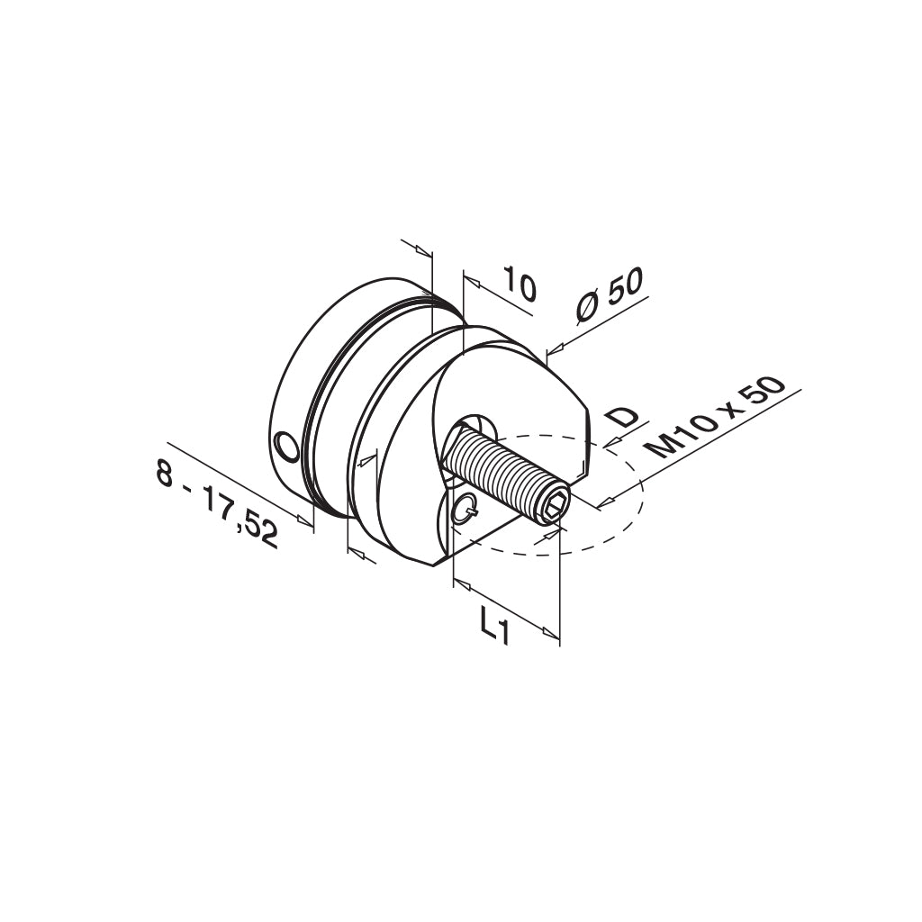 Q-railing stiklo laikiklis Ø50mm, M10 MOD 1747 ner. plienas 10 mm atitraukimas, vamzdžiui: Ø42.4 mm, ner. plien. AISI304, šlifuotas pav.