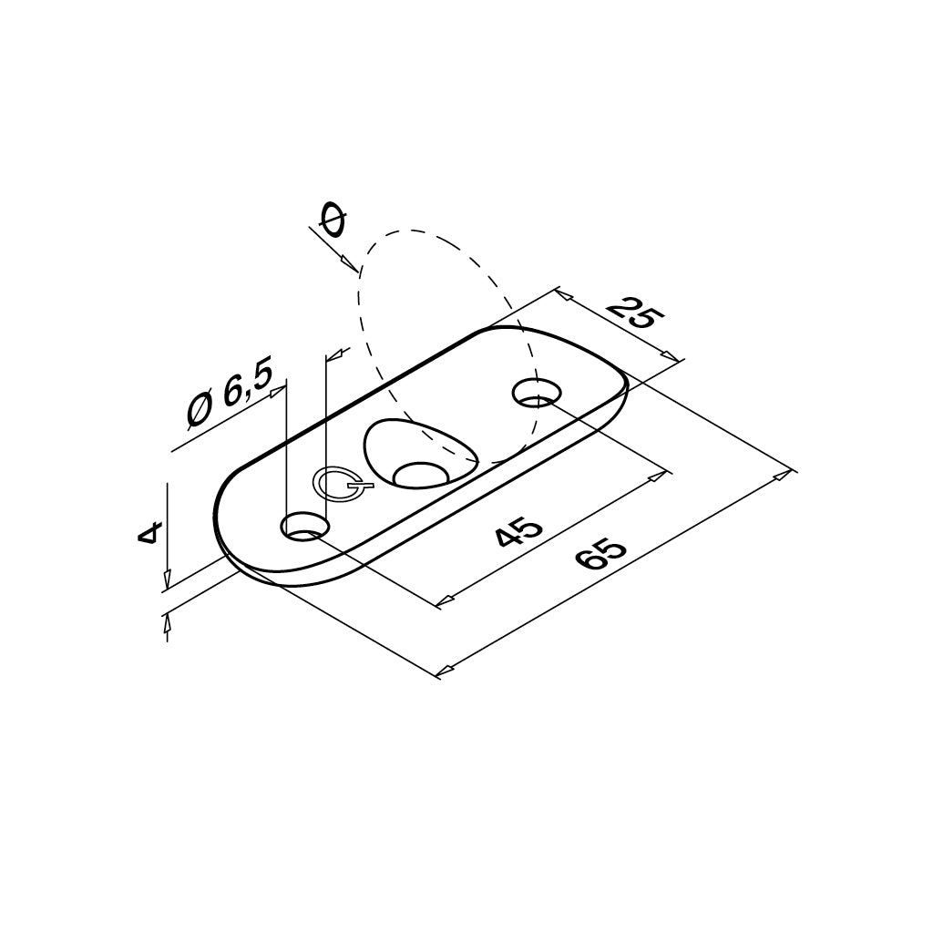 Q-railing Porankio plokštelė, 45 mm tarp skylių MOD 1810 apvaliam porankiui vamzdžiui: Ø42.4 mm, ner. plien. AISI316, šlifuotas pav.