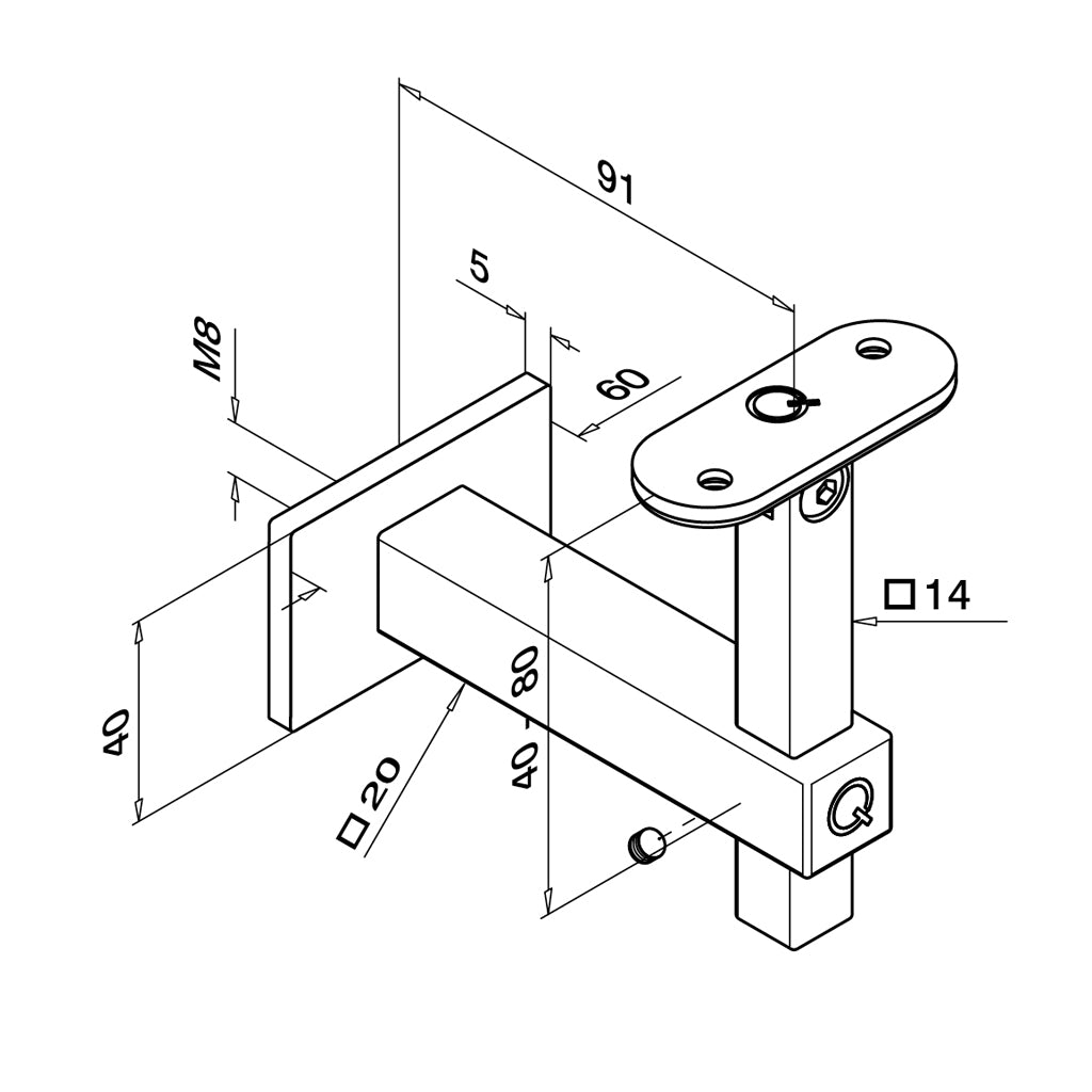 Q-railing reguliuojamas porankio laikiklis stačiakampiui vamzdžiu MOD 4145 ner. plienas AISI 316, šlifuotas paviršius
