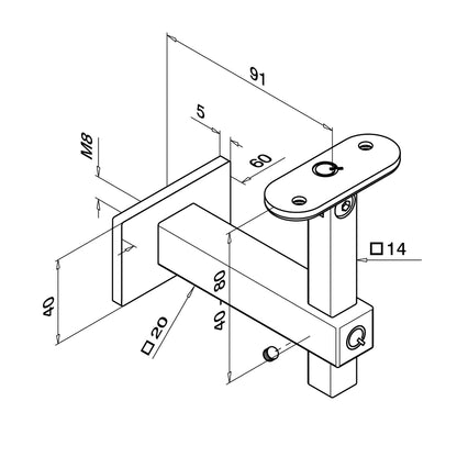 Q-railing reguliuojamas porankio laikiklis stačiakampiui vamzdžiu MOD 4145 ner. plienas AISI 316, šlifuotas paviršius
