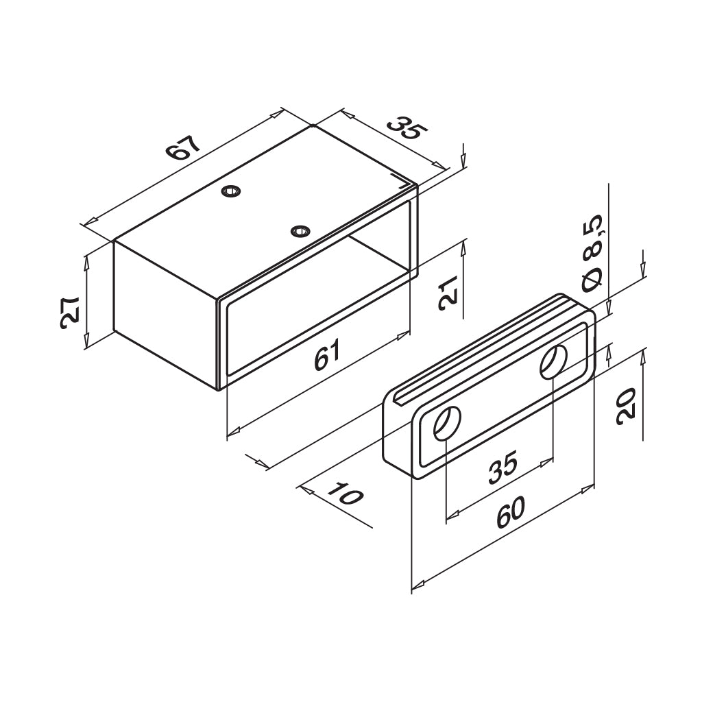 Porankio 40x20 mm tvirtinimas į sieną MOD 4504 vamzdis: 60 x 20 mm, ner. plien. AISI316, šlifuotas pav.