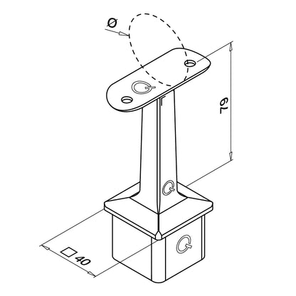 Q-railing turėklo laikiklis 40×40×2 mm MOD 4710 vamzdžiui Ø48,3 mm, ner. plienas AISI 316, šlifuotas paviršius