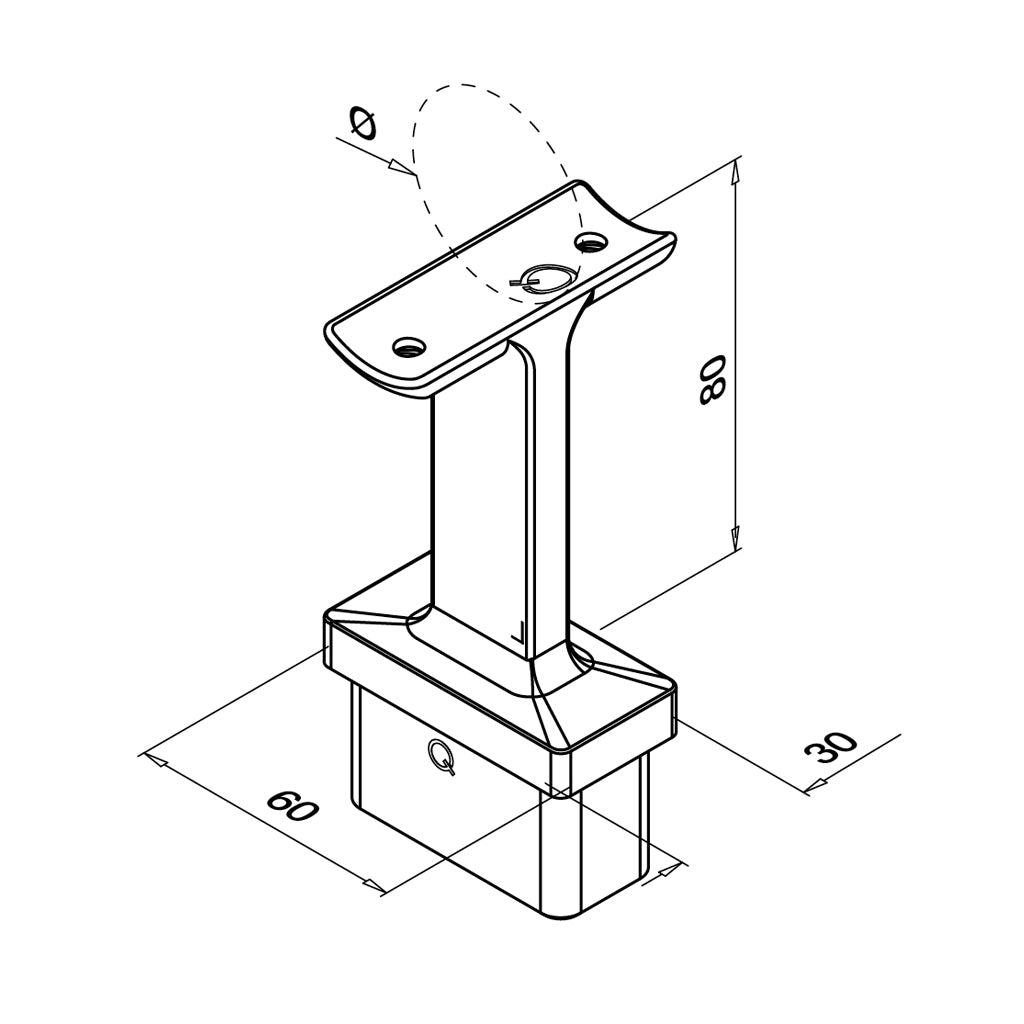Q-railing turėklo laikiklis 60×30×2,6 mm MOD 4711 vamzdžiui Ø42,4 mm, ner. plienas AISI 316, šlifuotas paviršius