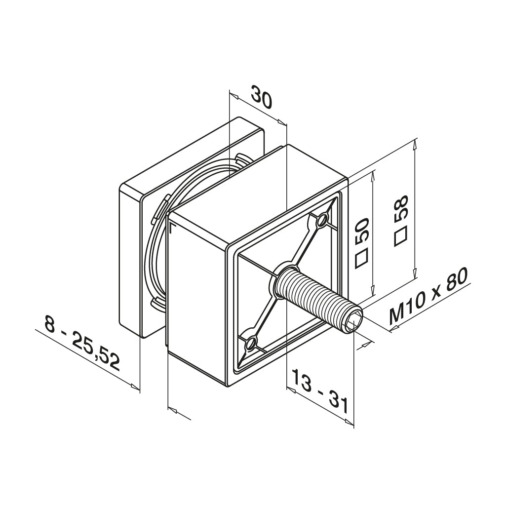 Q-railing EASY GLASS taškinis kvadratinis stiklo laikiklis 50x50 mm M10 MOD 4747 atitraukimas: 30 mm; ner. plien. AISI316, poliruotas blizgus paviršius