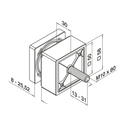 Q-railing EASY GLASS taškinis kvadratinis stiklo laikiklis 50x50 mm M10 MOD 4747 atitraukimas: 30 mm; ner. plien. AISI316, poliruotas blizgus paviršius