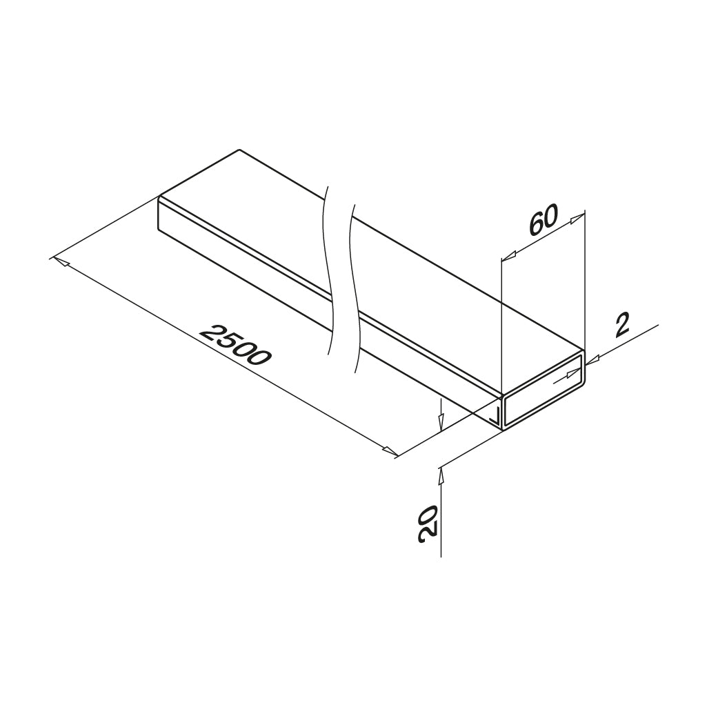 Porankis 60 x 20 mm MOD 4900 ilgis: 2500 mm, ner. plien. AISI316, šlifuotas pav.