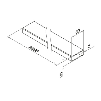 Porankis 60 x 20 mm MOD 4900 ilgis: 2500 mm, ner. plien. AISI316, šlifuotas pav.