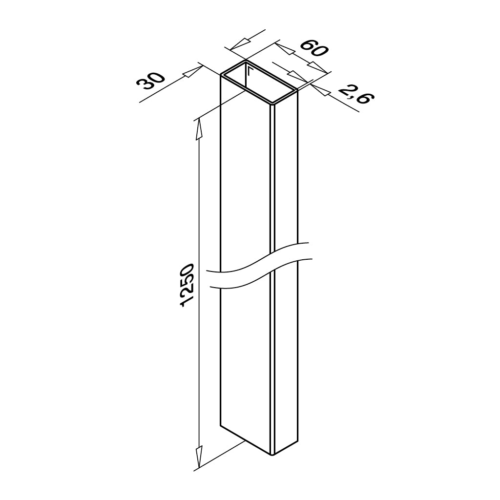 Q-railing turėklo stovas 60×30×2,6 mm H=1250 mm (be tvirtinimo) MOD 4902