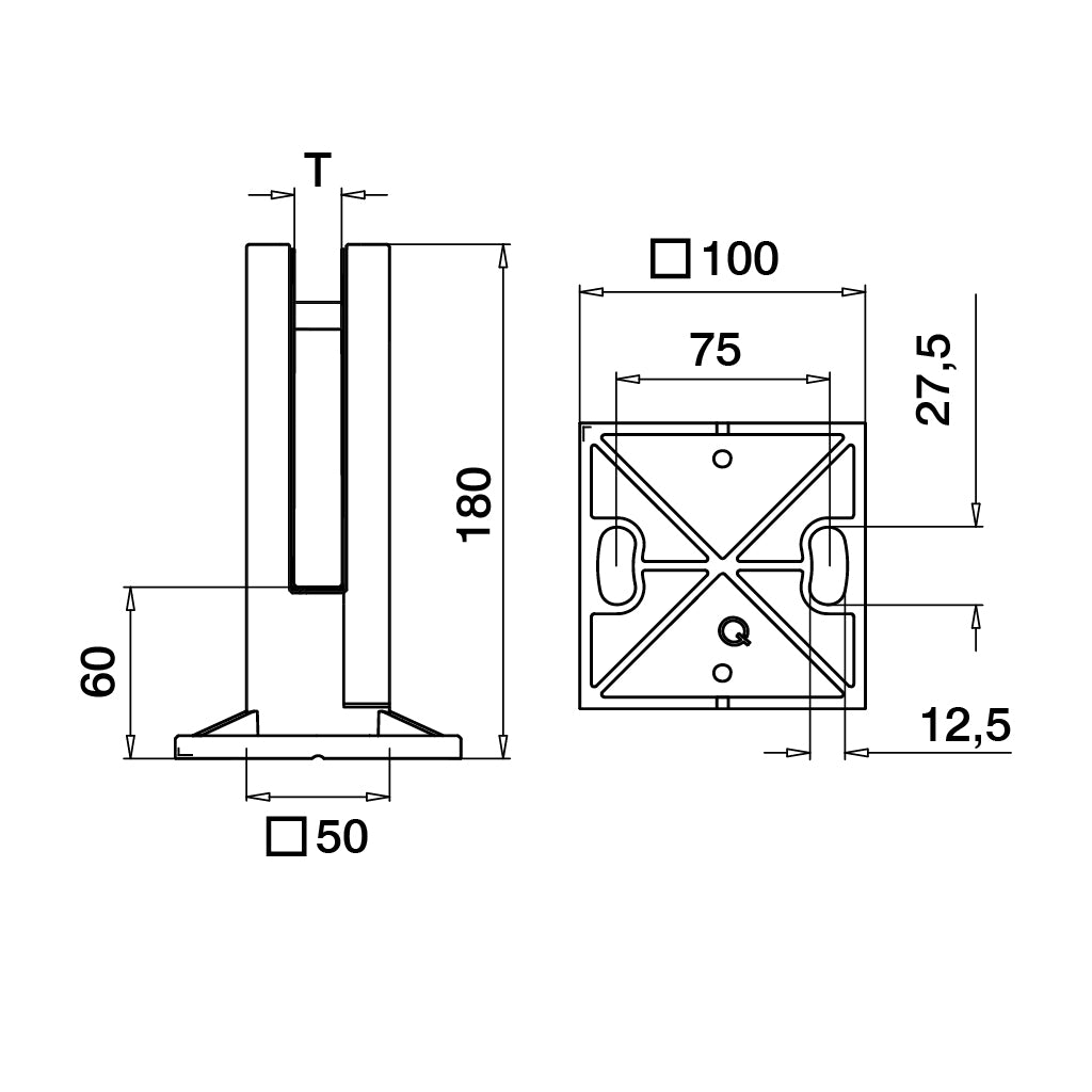 Q-railing EASY GLASS BASE apatinis stiklo laikiklis MOD 6200 ner. plien. AISI316, šlifuotas pav. pav. juodas (RAL 9005, textured surface, single layer)