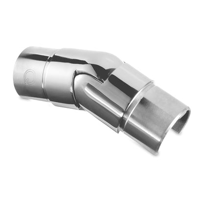 Q-railing Reguliuojama alkūnė, 25°-55° į apačią, porankiui montuojamam ant stiklo MOD 6302 porankiui ant stiklo: Ø42.4 mm, ner. plien. AISI316, poliruotas blizgus paviršius (mirror polished)