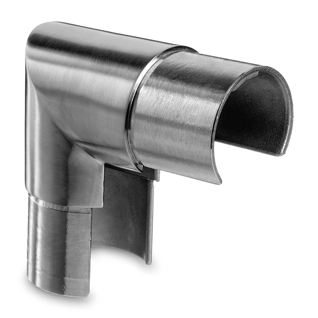 Q-railing porankio ant stiklo alkūnė 90°, vertikali, MOD 6303 vamzdis Ø42.4 mm, ner. plien. AISI316 šlifuotas pav.