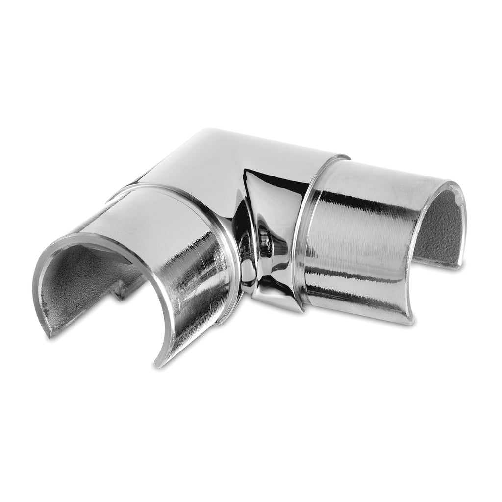 Q-railing porankio ant stiklo alkūnė 90°, horizontali MOD 6313 porankiui ant stiklo Ø42.4 mm, poliruotas blizgus paviršius (mirror polished)