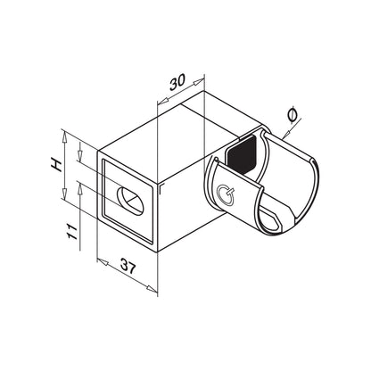 Q-railing Porankio ant stiklo Ø42,4 laikiklis prie sienos (flange) MOD 6507 kairė ner. plienas vamzdžiui Ø48,3x2 mm, ner. plienas AISI 304, šlifuotas pav.