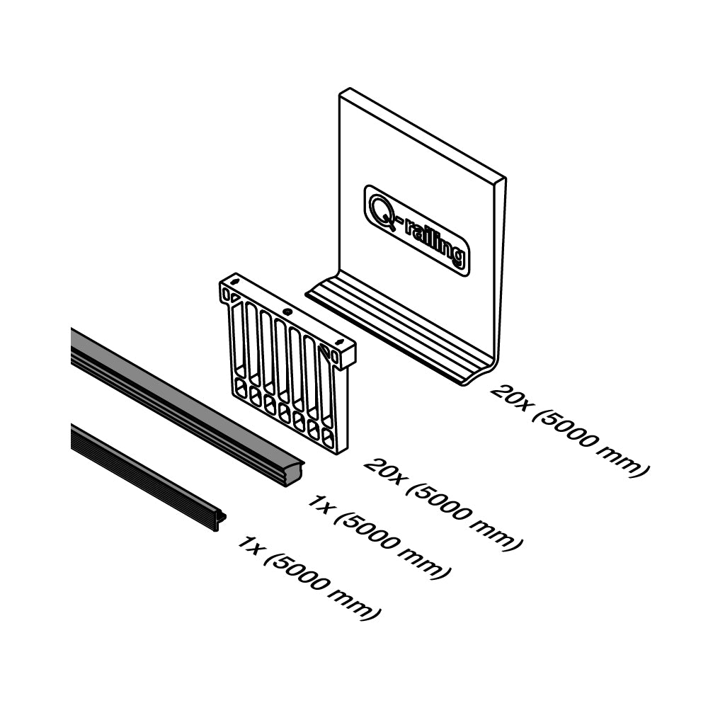 Q-railing EASY GLASS SLIM nereguliuojamų tarpinių komplektas MOD 8000 ilgis: 5000 mm, stiklas: 21.52 mm