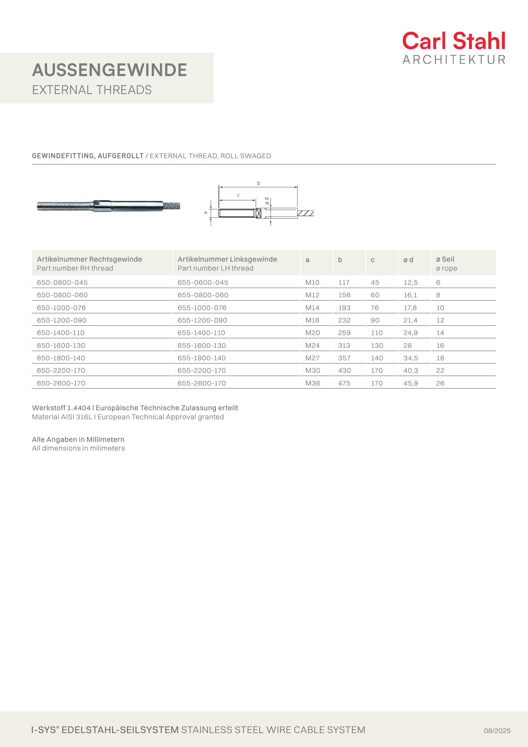 Carl Stahl I-SYS stainless steel Carl Stahl External thread, roll swaged, RH thread M12x60