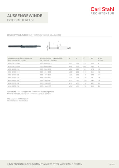 Carl Stahl I-SYS stainless steel Carl Stahl External thread, roll swaged, RH thread M12x60