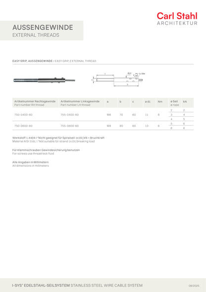 Carl Stahl I-SYS stainless steel Carl Stahl Easy Grip external thread, Lefth. ML6x60, rope Ø 2 - 4 mm