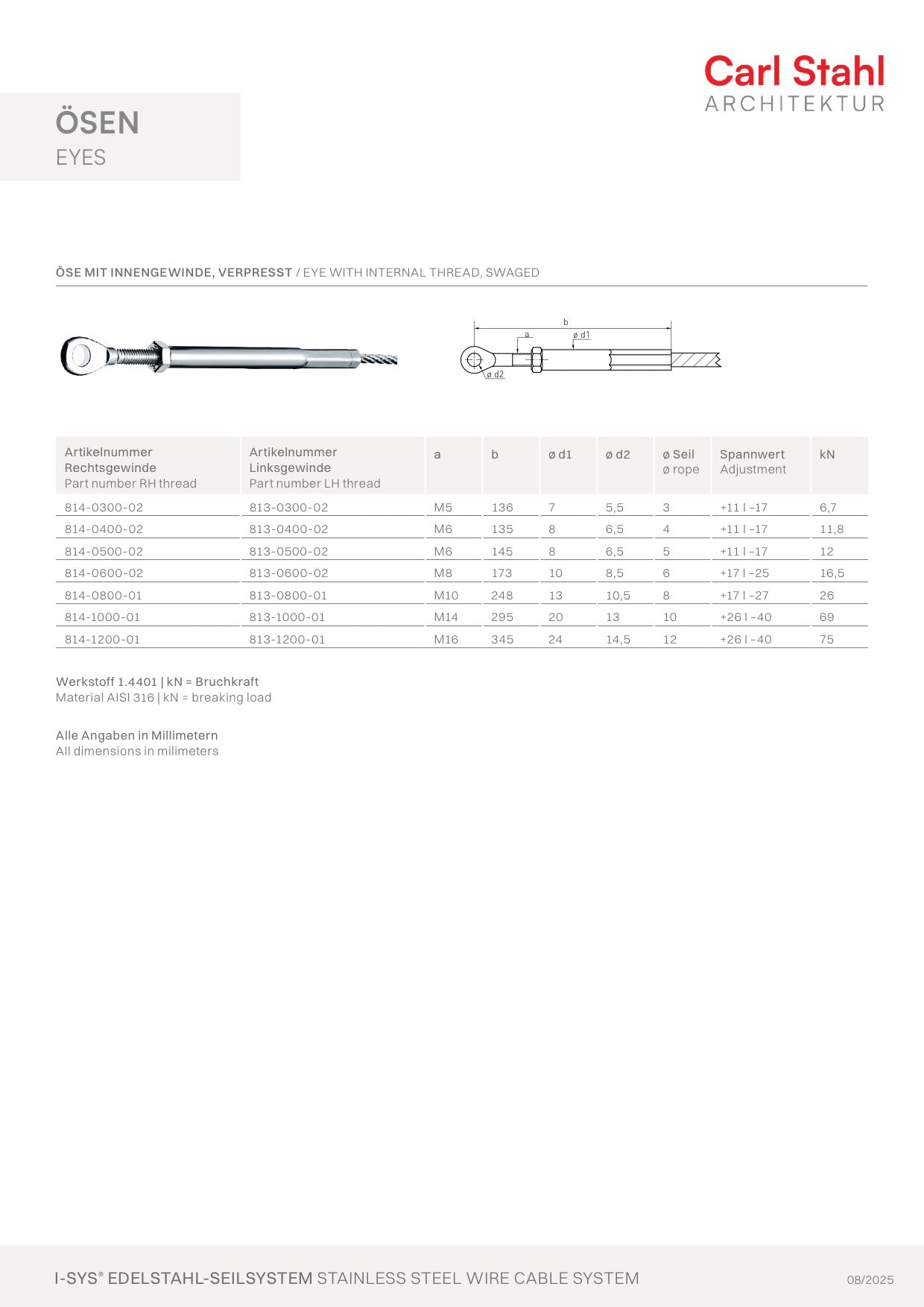 Carl Stahl Eye with internal thread, swaged, lefth. 813/814