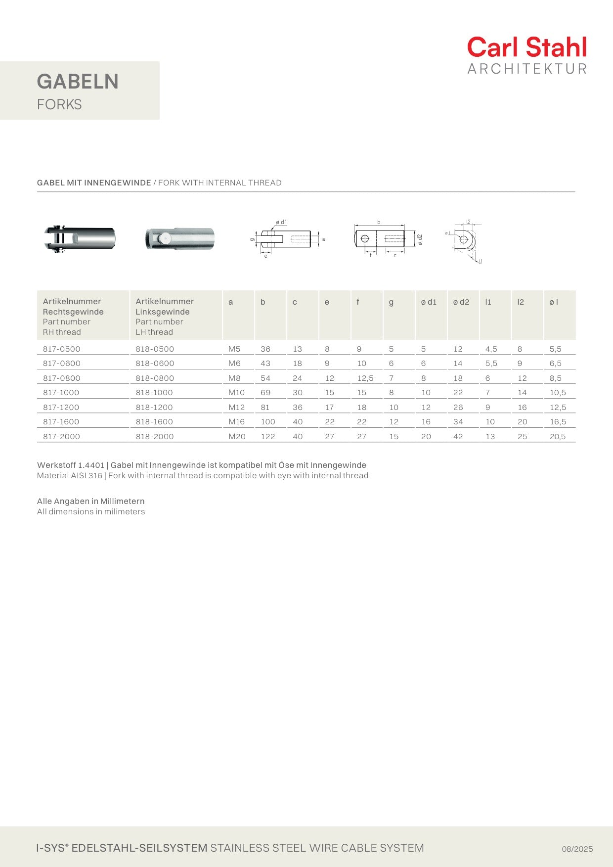 Carl Stahl Fork with internal thread 817