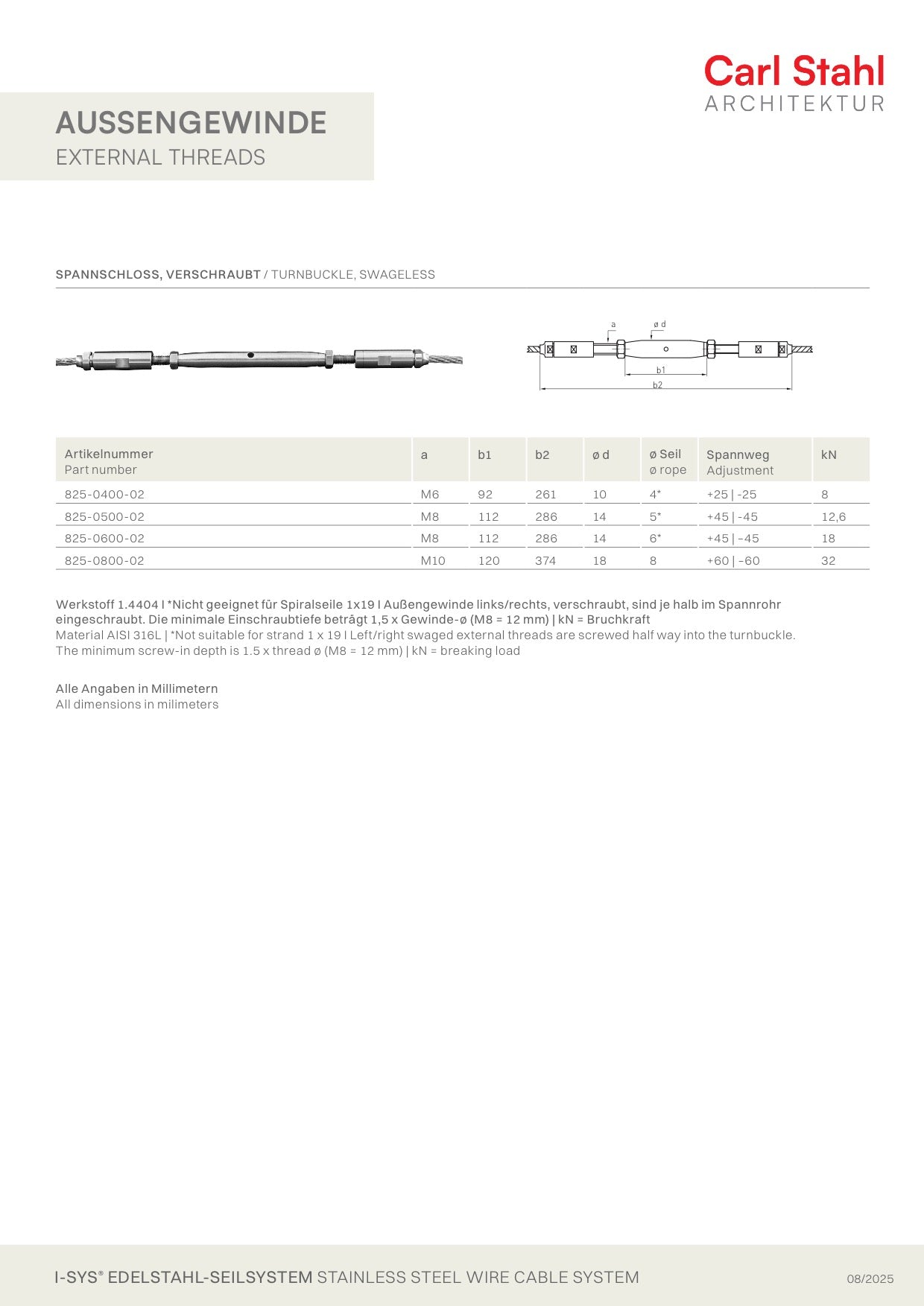 Carl Stahl I-SYS stainless steel Carl Stahl Turnbuckle threads, swageless,, Right thread M8