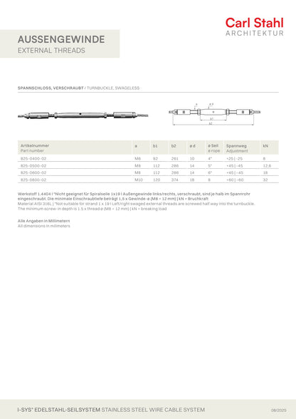Carl Stahl I-SYS stainless steel Carl Stahl Turnbuckle threads, swageless,, Right thread M8